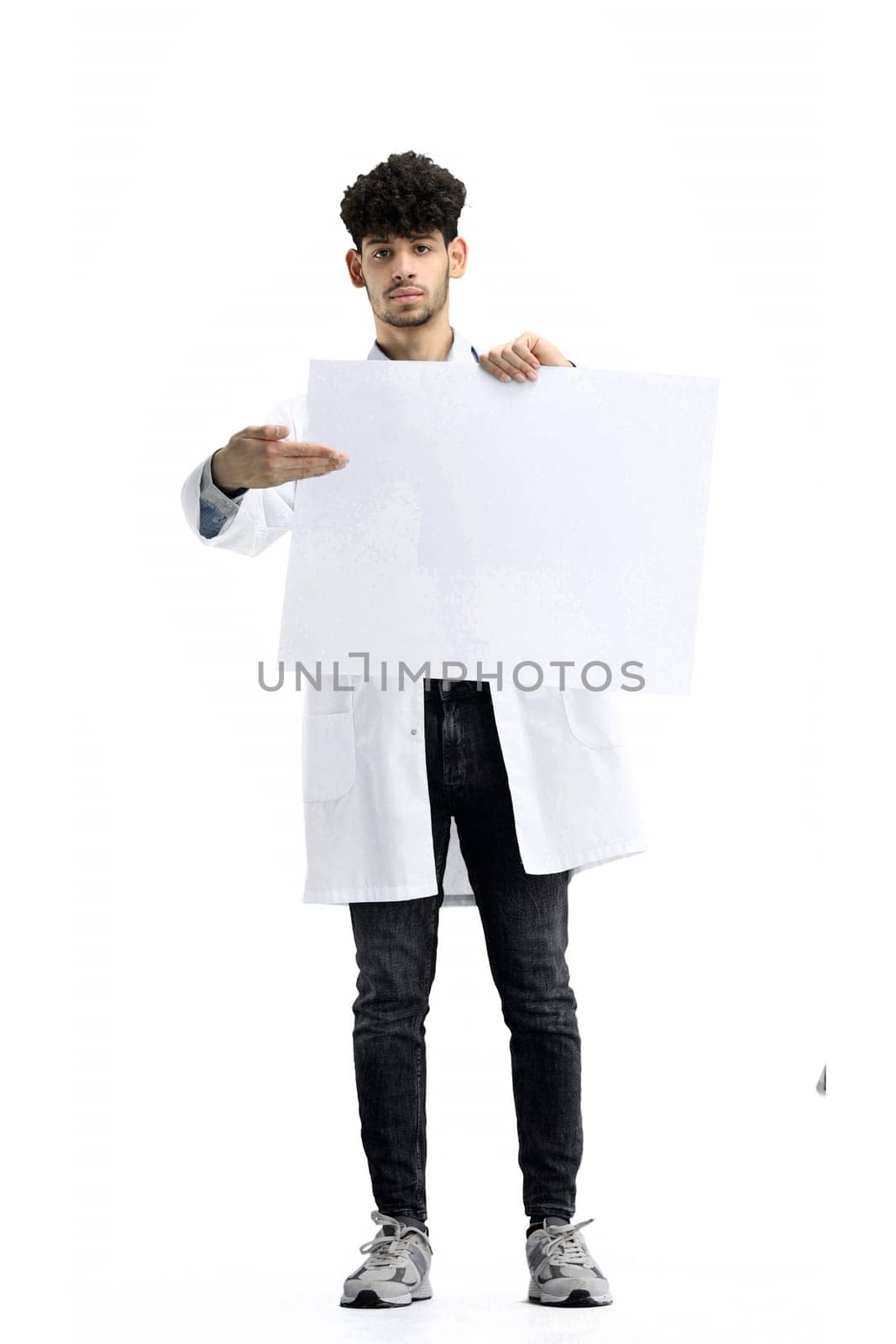 Male doctor, full-length, on a white background, with a white sheet.