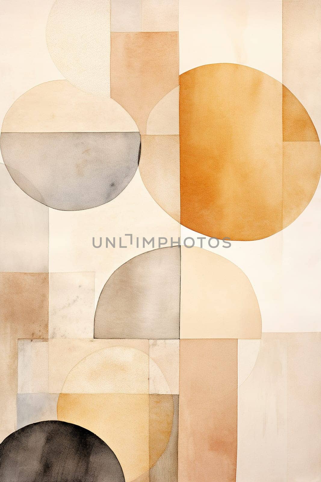 Elegant watercolor composition blending Nordic minimalism with geometric and organic shapes in a soothing palette of neutral and earth tones, ideal for modern decor and calming spaces. Generative AI. by creativebird