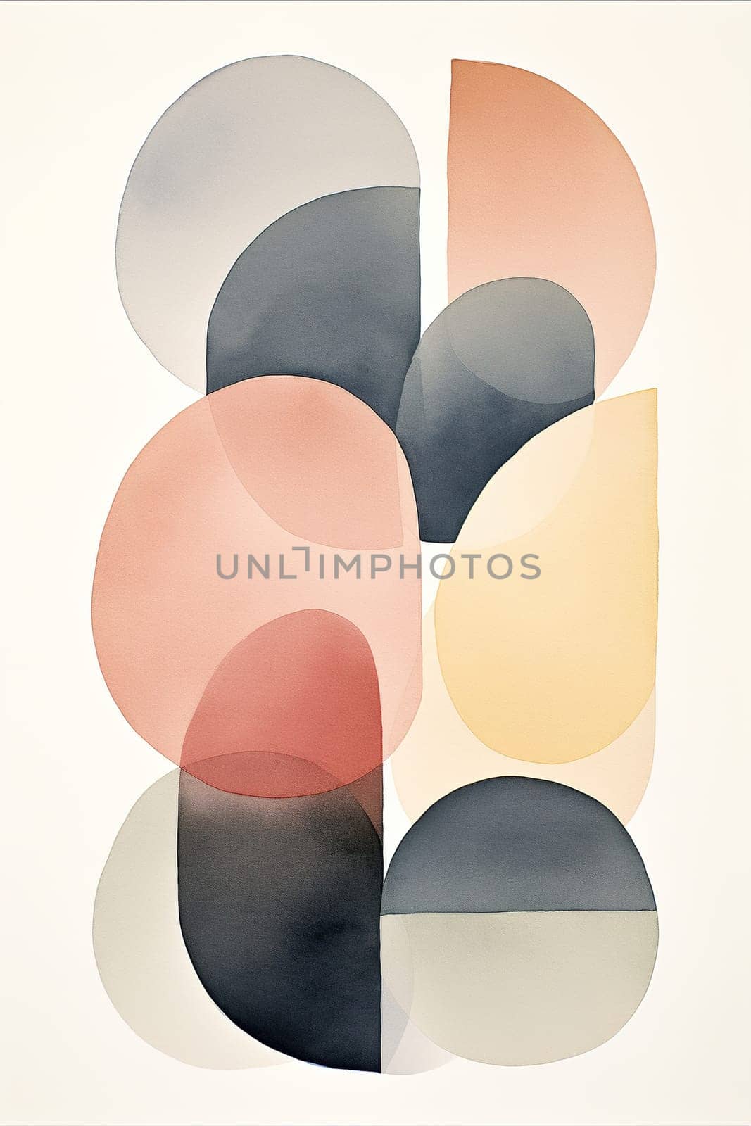 Sleek minimalist watercolor print in Nordic design. Abstract art. Muted colors. Perfect for modern interiors, contemporary spaces. Scandinavian style. Geometric shapes. Vertical format. Generative AI