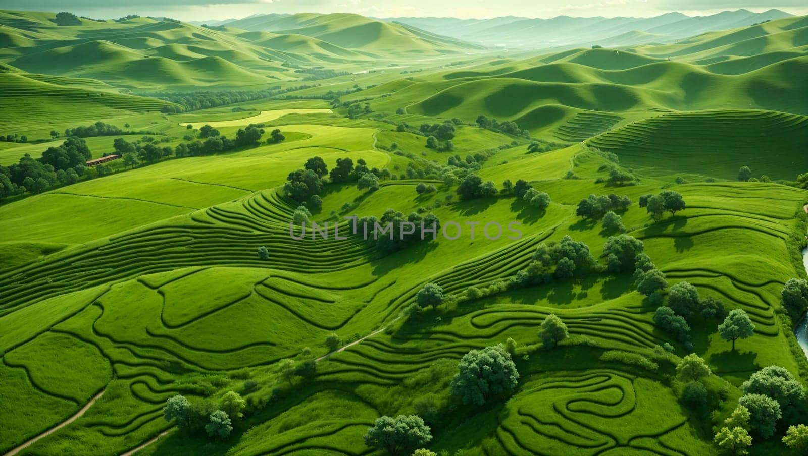 An aerial view of a vibrant green plain by stan111