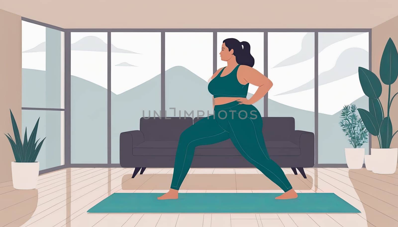 Large woman, yoga practice near sofa, leggings and top attire. Bright room, large window, floor-standing flower. by Matiunina