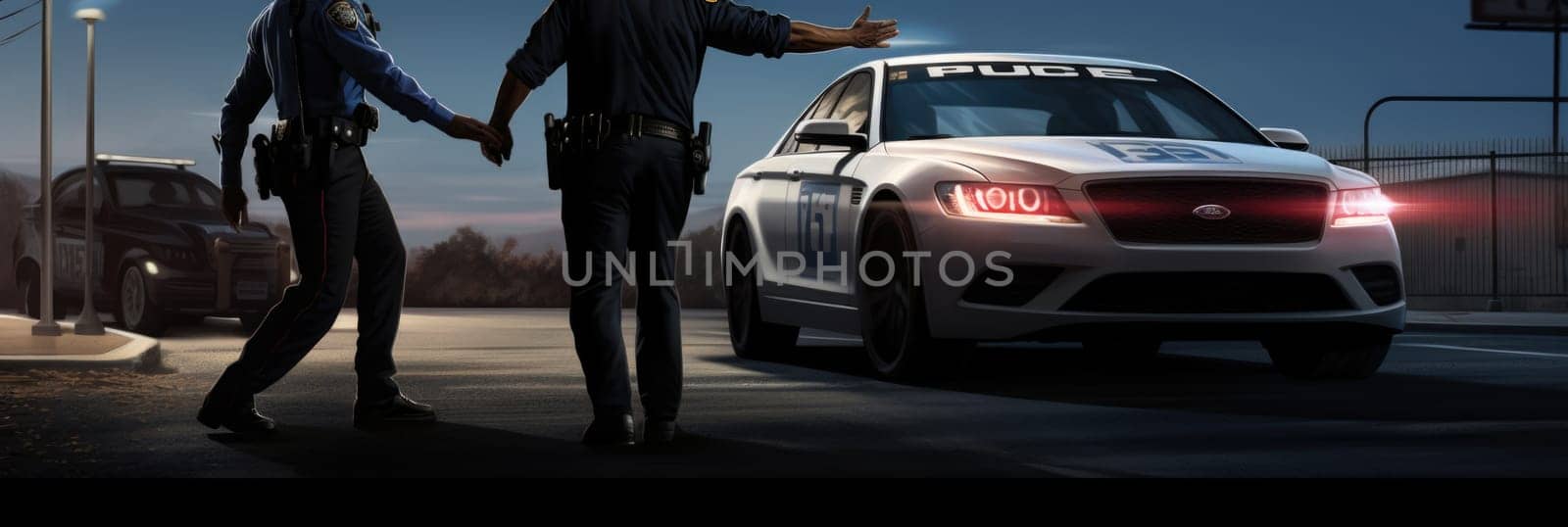 Two police officers are standing next to a police car while on duty, monitoring the surroundings.
