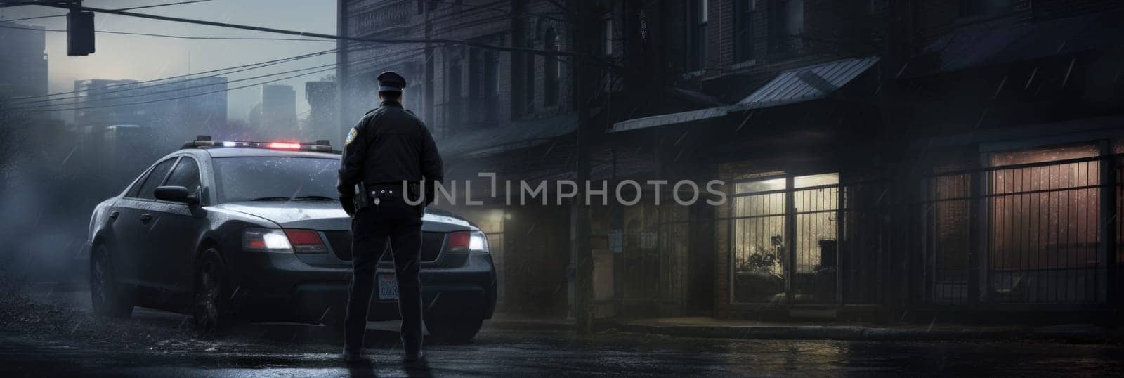 A police officer stands in front of a police car, ready to protect and serve, while on duty.