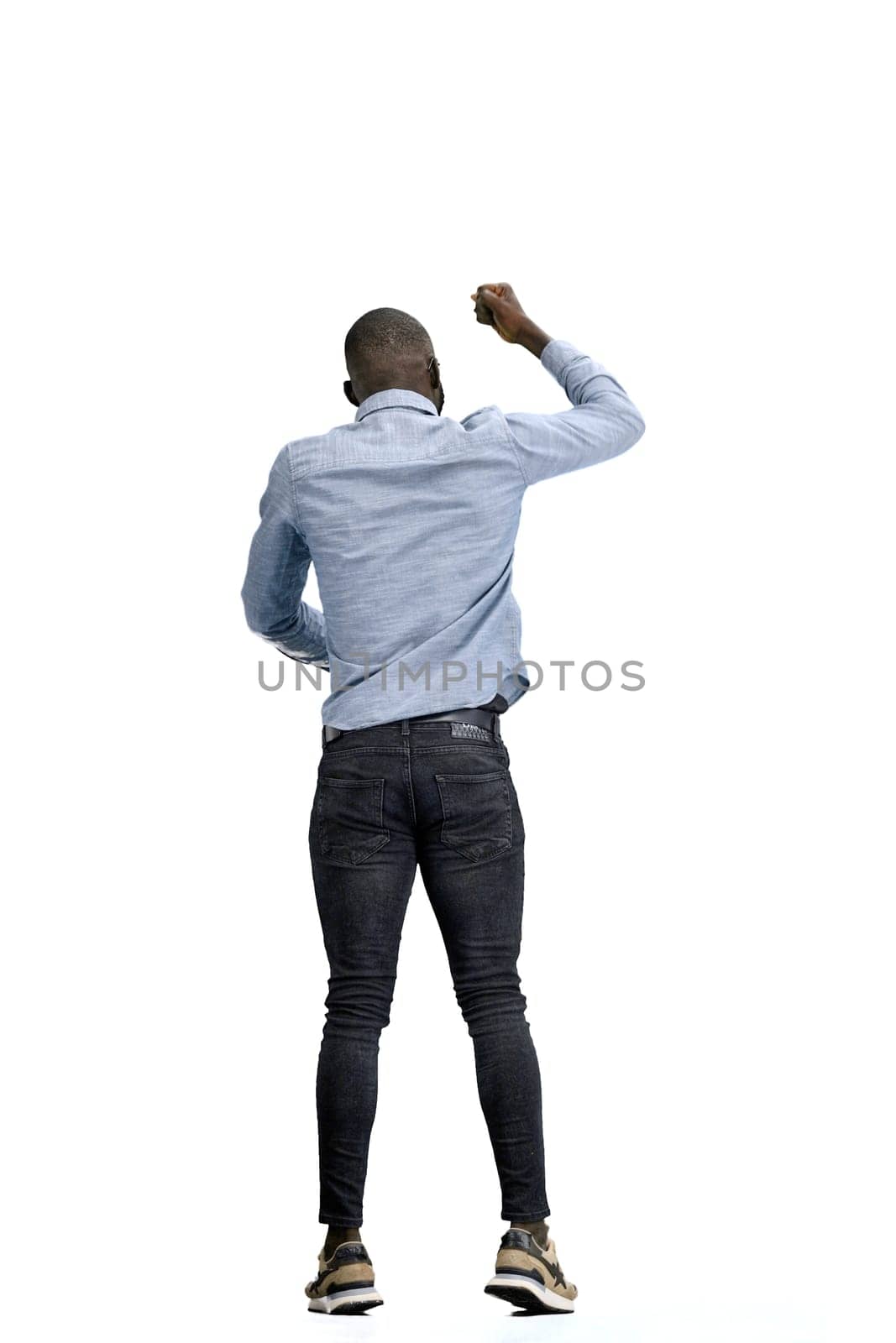 A man, full-length, on a white background, rejoices by Prosto
