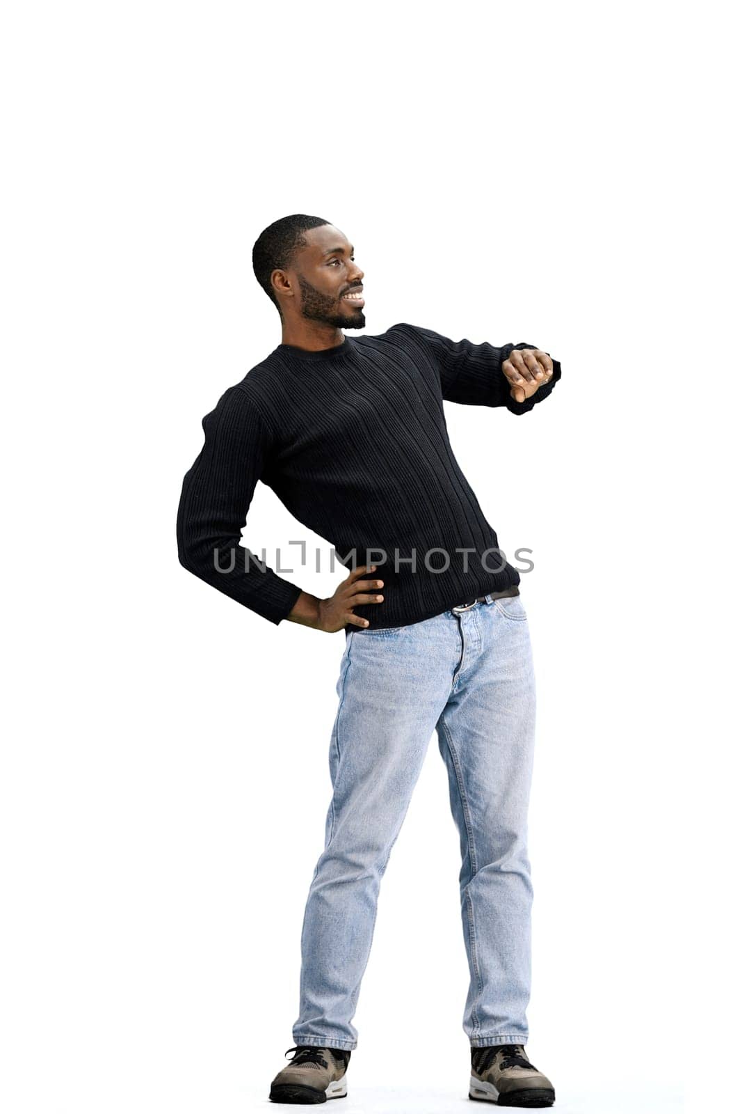 A man, full-length, on a white background, warming up by Prosto