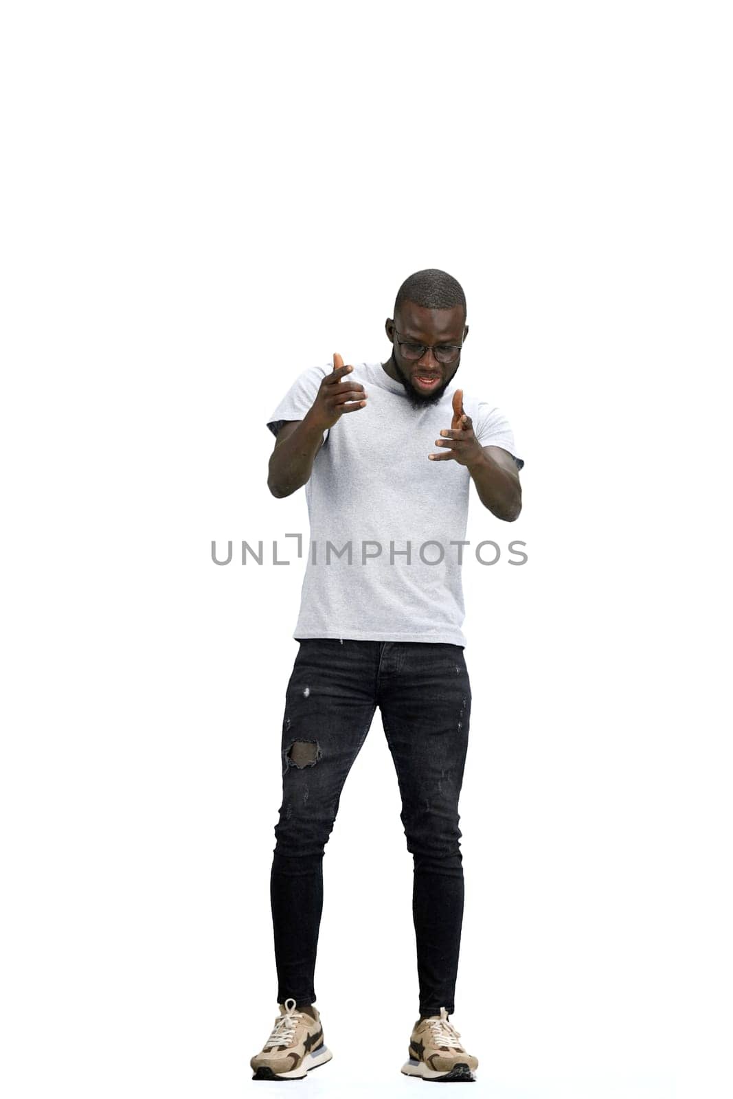 A man, full-length, on a white background, is indignant by Prosto
