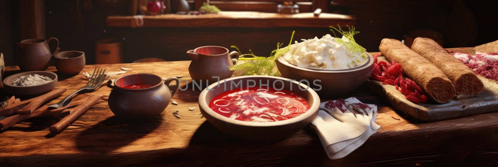 Wooden Table Adorned With Bowls of Nourishing Food. Generative AI. by but_photo