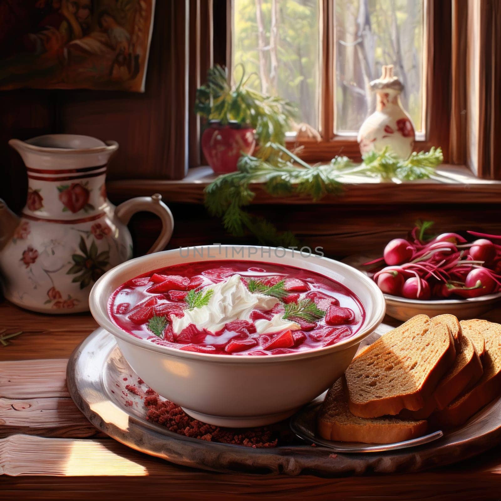 A bowl filled with traditional borscht soup, accompanied by a plate of crusty bread and vibrant radishes.