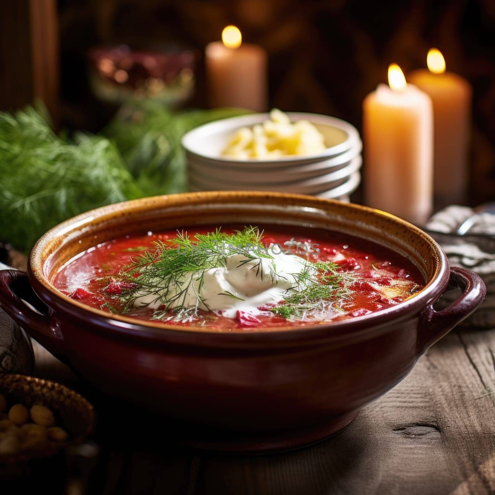 A bowl filled with borscht soup is placed on a table, showcasing the vibrant colors of the soup and the table setting.