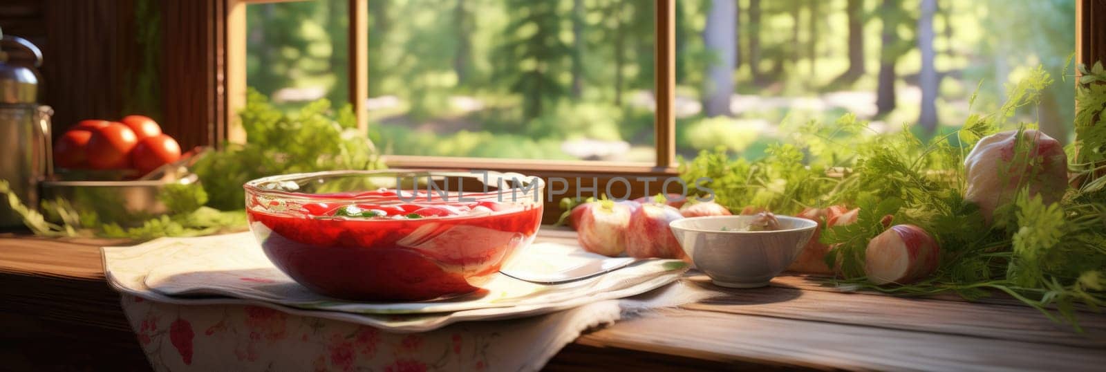 A bowl of borscht soup is placed on top of a table next to a window in a well-lit room.