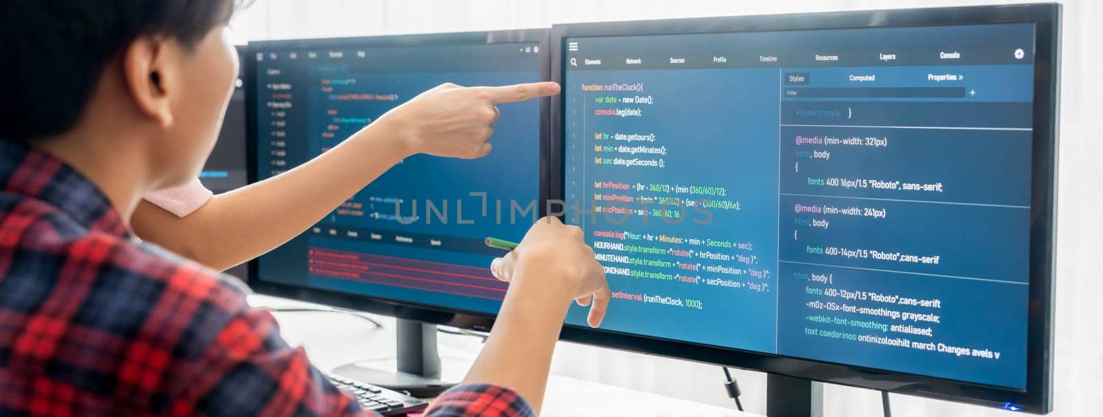 Cropped image of professional programer team collaboration discuss about web coding while coworker point java script displayed on computer at modern company office. Closeup. Burgeoning.