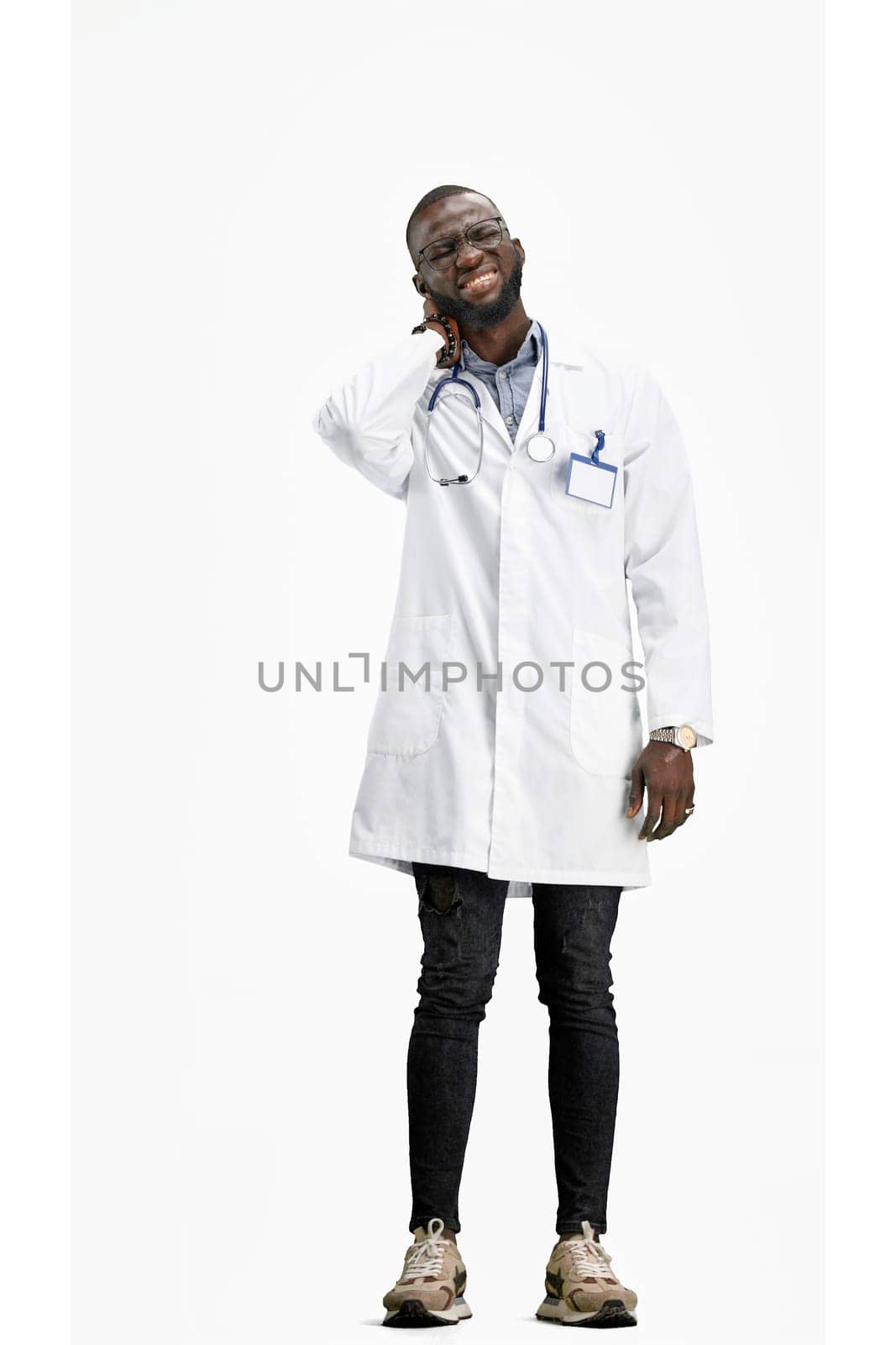 The doctor, in full height, on a white background, tired.