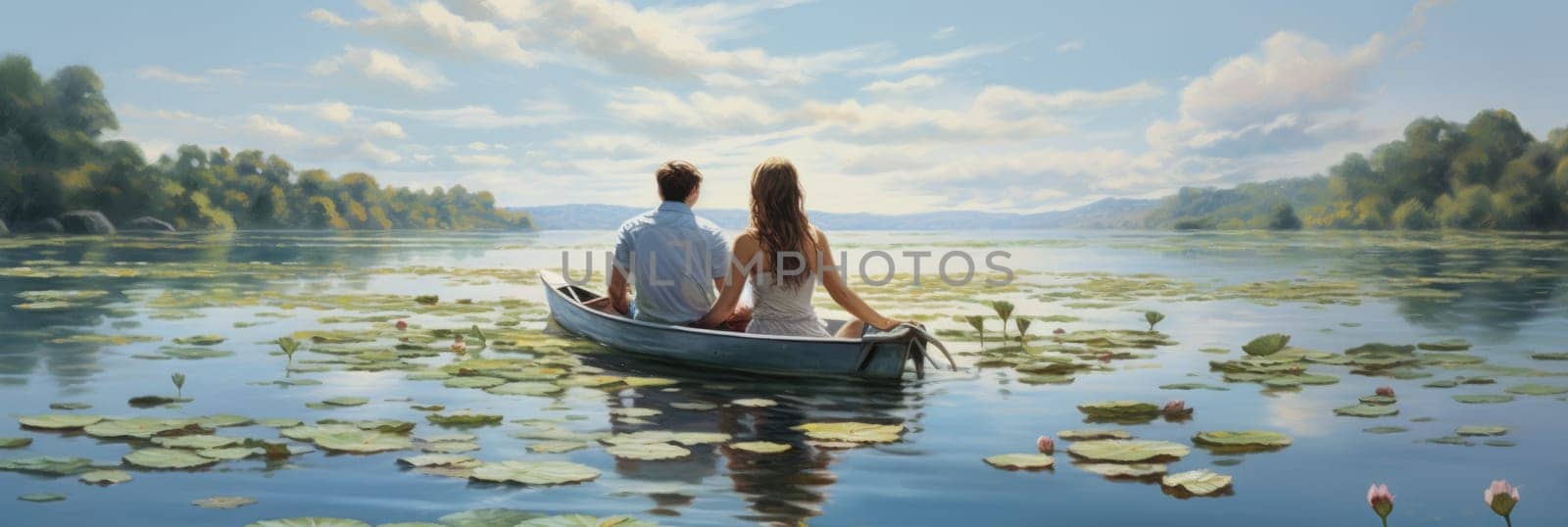 A painting depicting a couple in love seated in a boat on a tranquil lake.