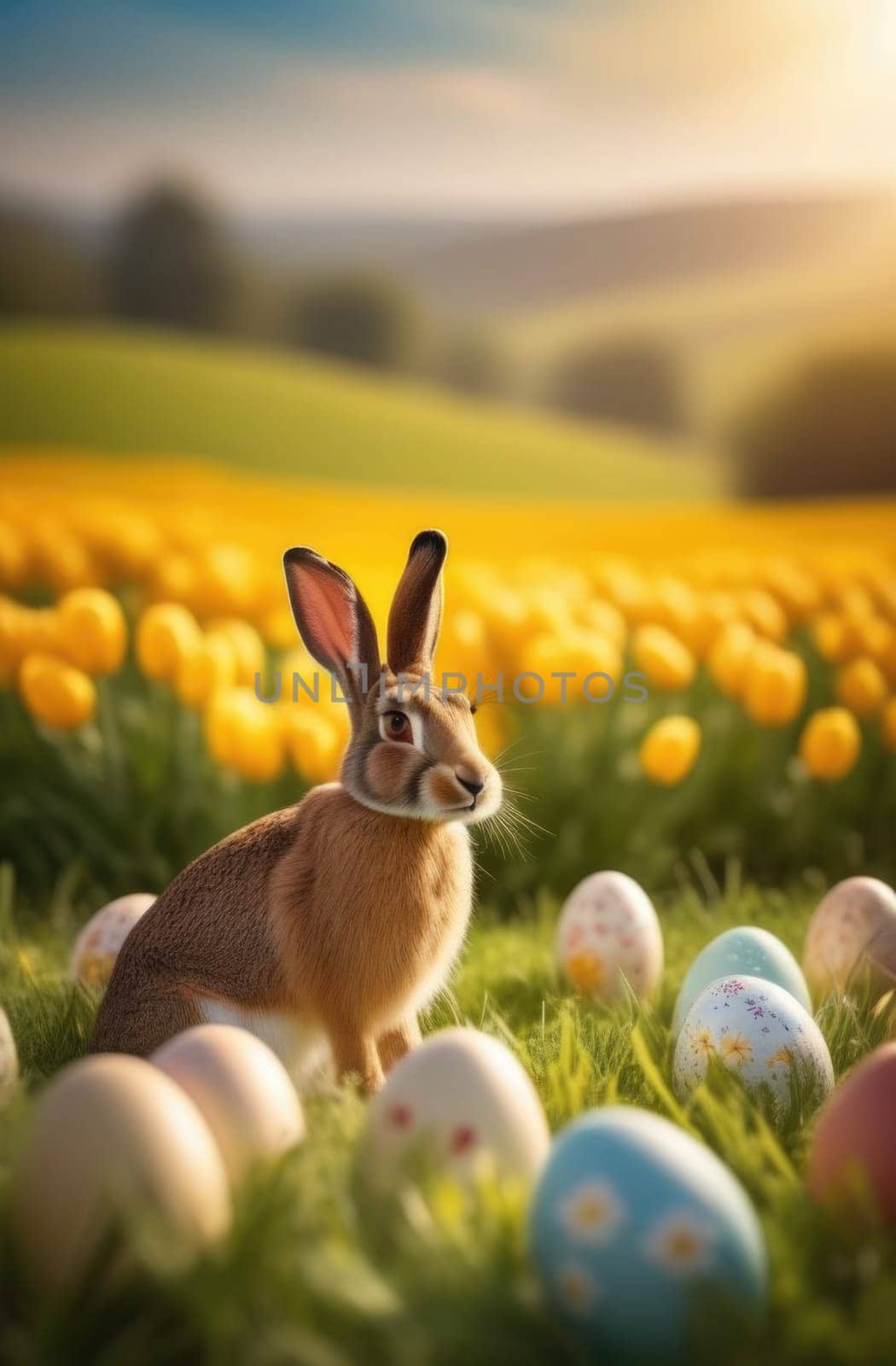 Holiday celebration banner with cute Easter bunny with decorated eggs and spring flowers on green spring meadow. Rabbit in landscape. Happy Easter greeting card, banner, festive background. Copy space