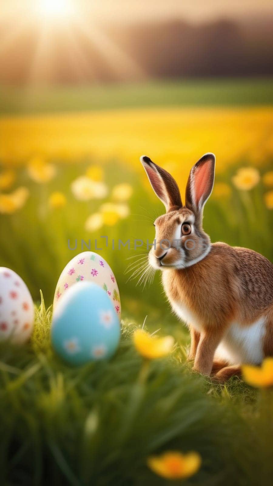 Holiday celebration banner with cute Easter bunny with decorated eggs and spring flowers on green spring meadow. Rabbit in landscape. Happy Easter greeting card, banner, festive background. Copy space