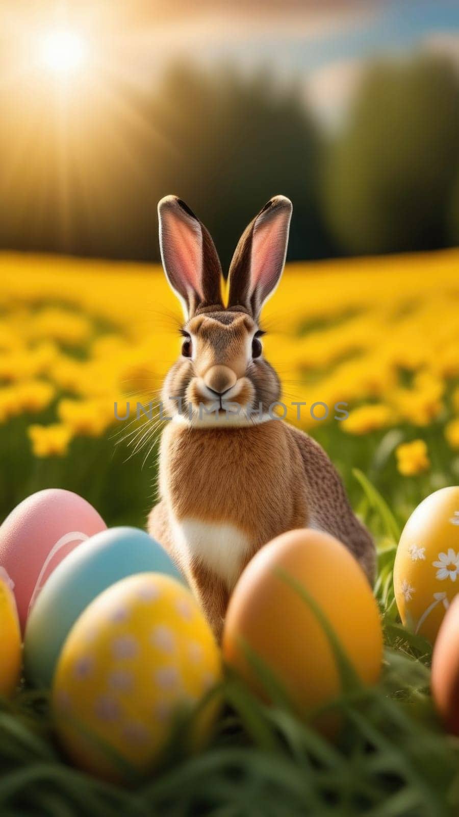 Holiday celebration banner with cute Easter bunny with decorated eggs and spring flowers on green spring meadow. Rabbit in landscape. Happy Easter greeting card, banner, festive background. Copy space