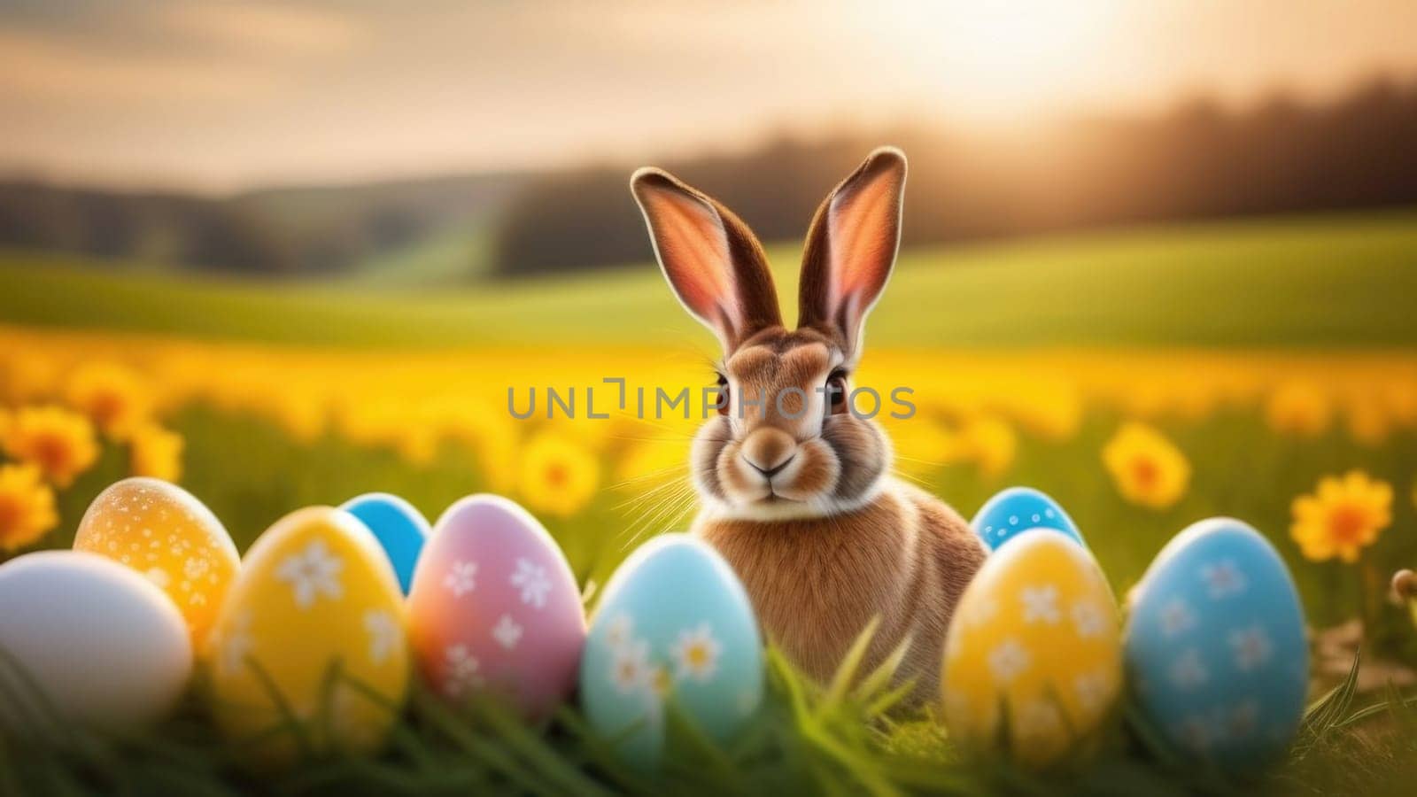 Holiday celebration banner with cute Easter bunny with decorated eggs and spring flowers on green spring meadow. Rabbit in landscape. Happy Easter greeting card, banner, festive background. Copy space