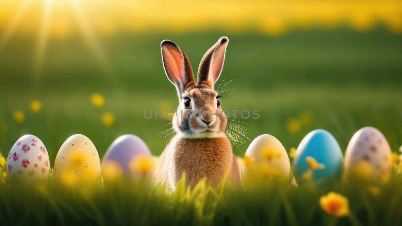 Holiday celebration banner with cute Easter bunny with decorated eggs and spring flowers on green spring meadow. Rabbit in landscape. Happy Easter greeting card, banner, festive background. Copy space