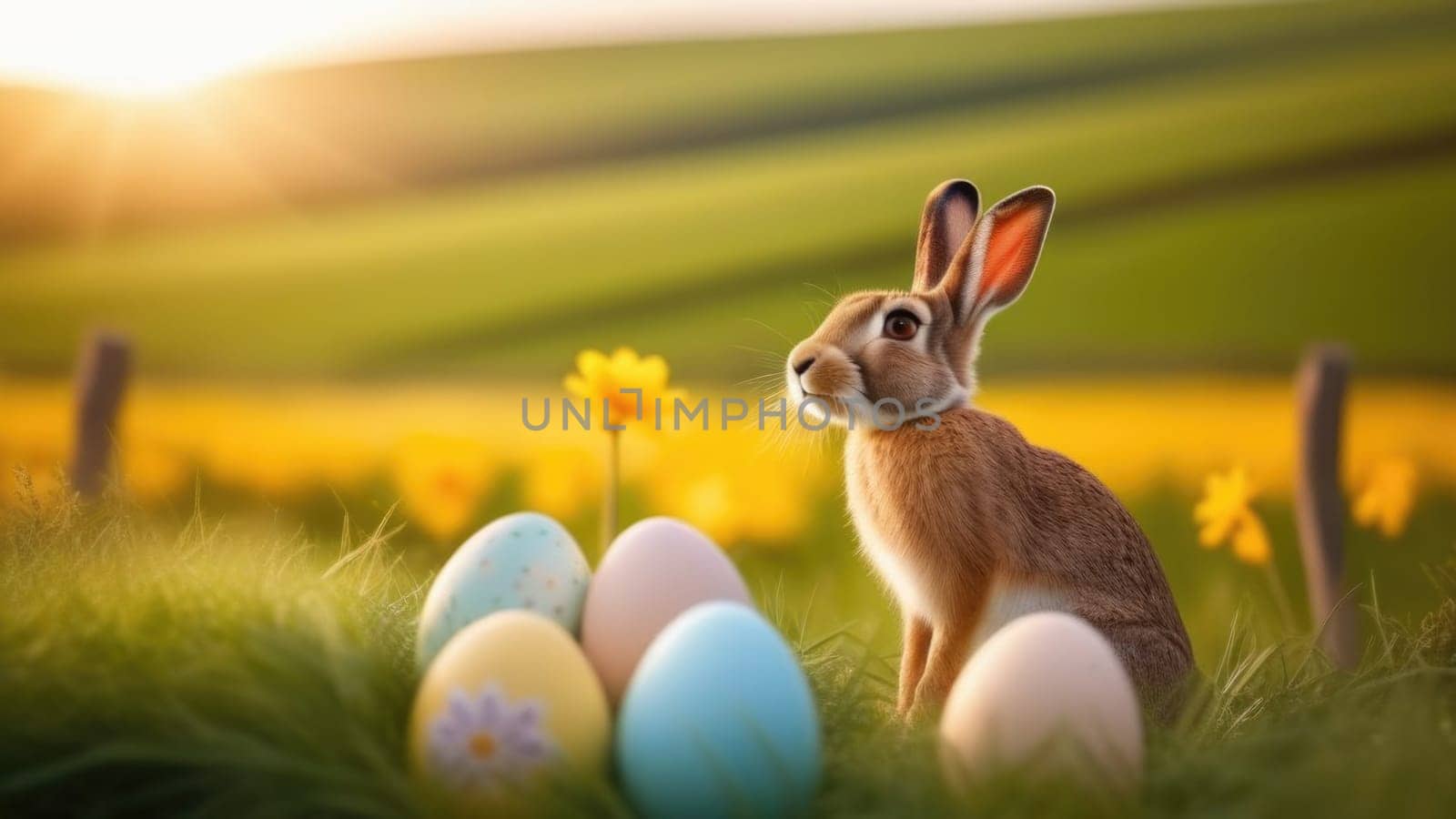 Holiday celebration banner with cute Easter bunny with decorated eggs and spring flowers on green spring meadow. Rabbit in landscape. Happy Easter greeting card, banner, festive background. Copy space