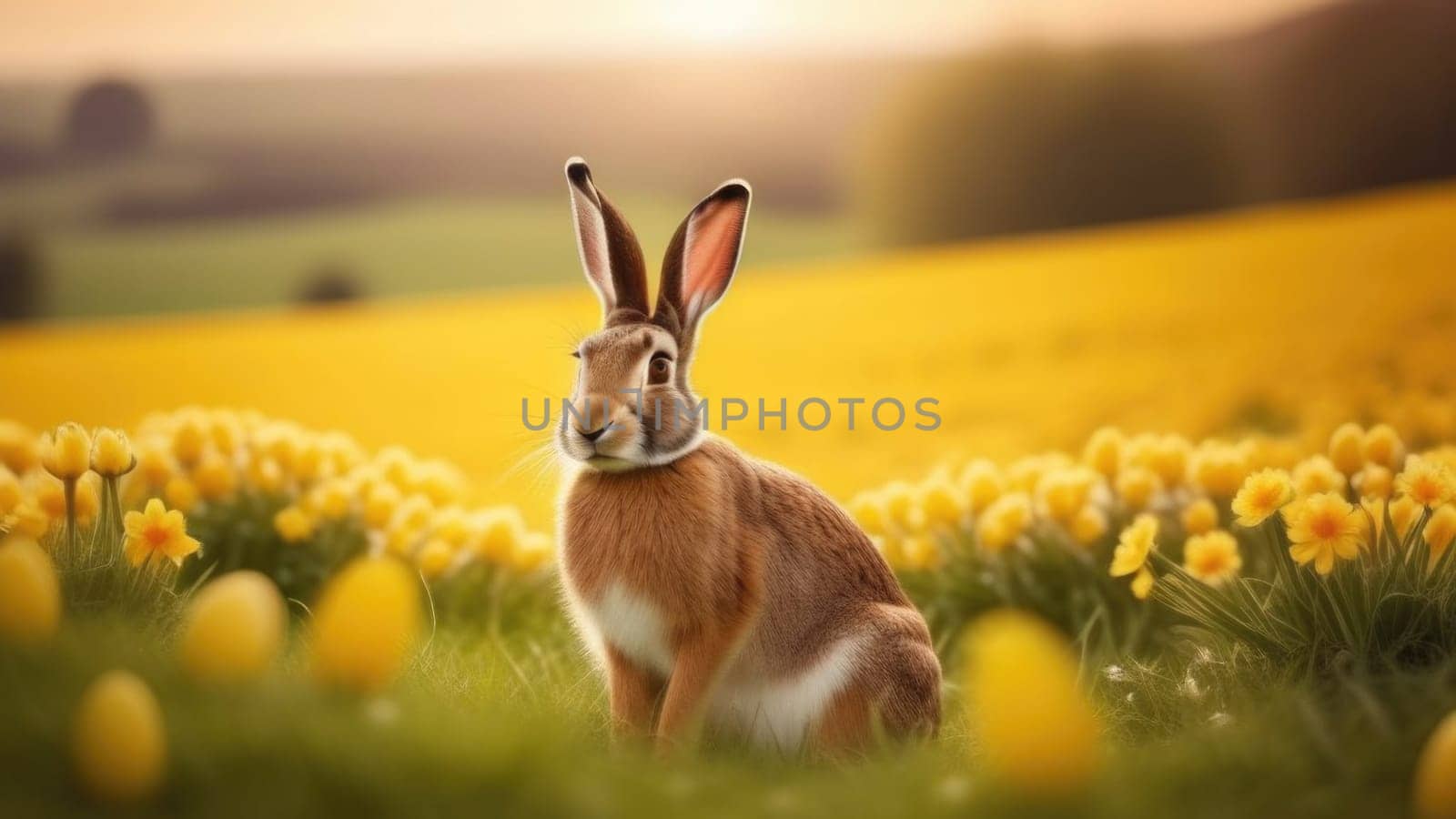 Holiday celebration banner with cute Easter bunny with decorated eggs and spring flowers on green spring meadow. Rabbit in landscape. Happy Easter greeting card, banner, festive background. Copy space