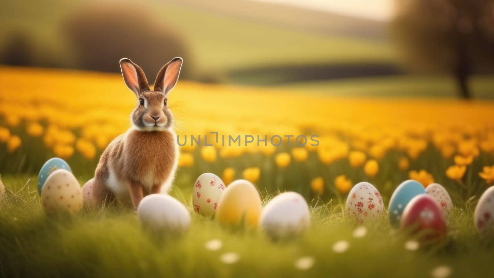 Holiday celebration banner with cute Easter bunny with decorated eggs and spring flowers on green spring meadow. Rabbit in landscape. Happy Easter greeting card, banner, festive background. Copy space