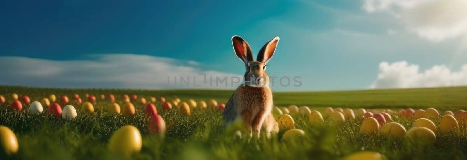 Holiday celebration banner with cute Easter bunny with decorated eggs and spring flowers on green spring meadow. Rabbit in landscape. Happy Easter greeting card, banner, festive background. Copy space