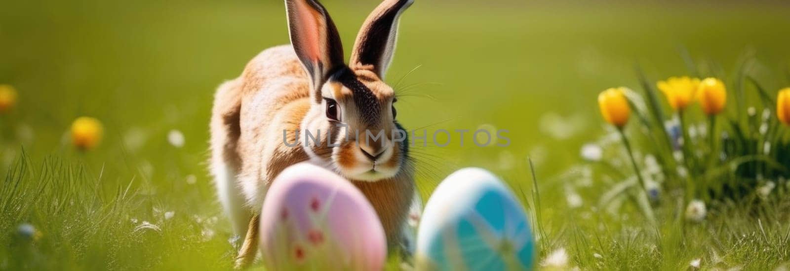 Holiday celebration banner with cute Easter bunny with decorated eggs and spring flowers on green spring meadow. Rabbit in landscape. Happy Easter greeting card, banner, festive background. Copy space