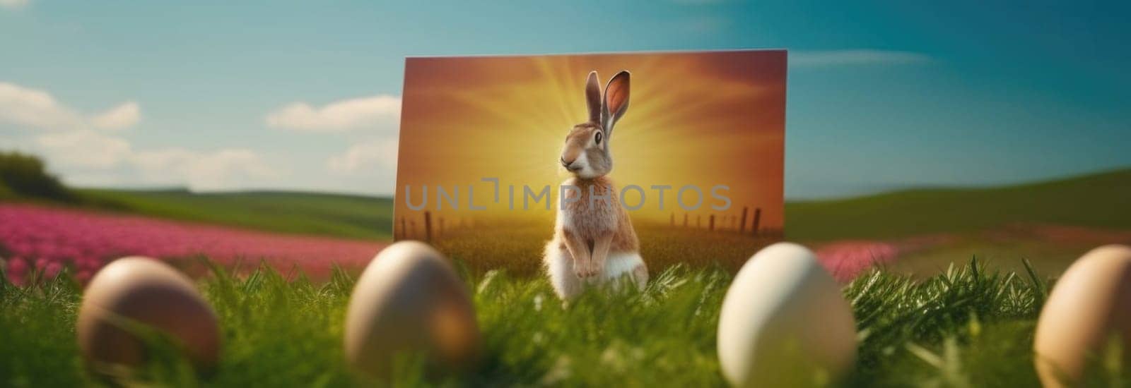 Holiday celebration banner with cute Easter bunny with decorated eggs and spring flowers on green spring meadow. Rabbit in landscape. Happy Easter greeting card, banner, festive background. Copy space