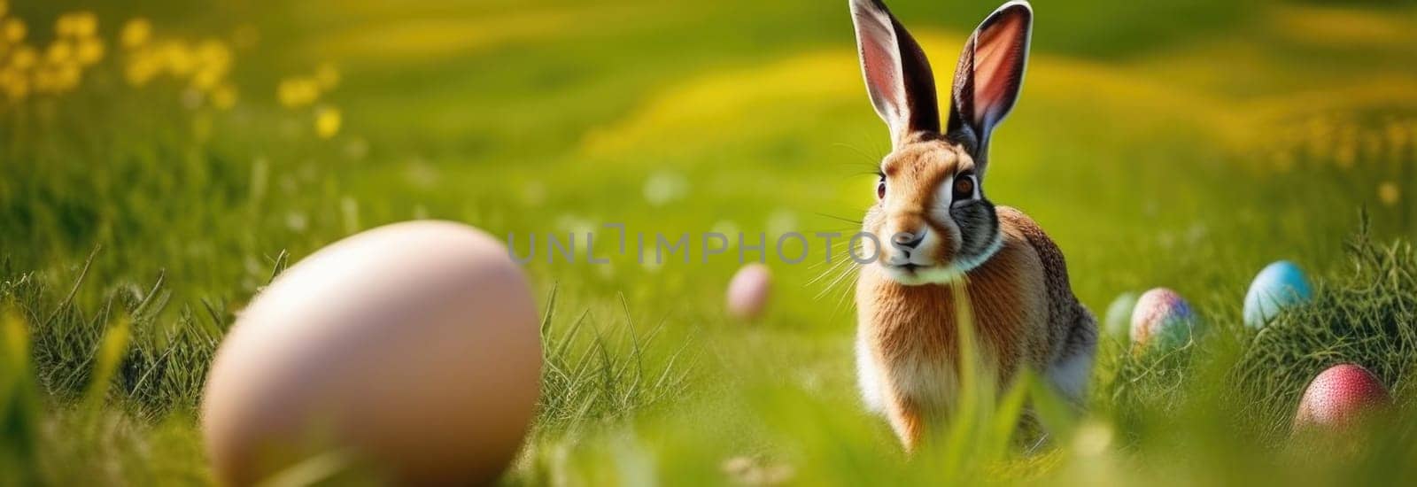 Holiday celebration banner with cute Easter bunny with decorated eggs and spring flowers on green spring meadow. Rabbit in landscape. Happy Easter greeting card, banner, festive background. Copy space