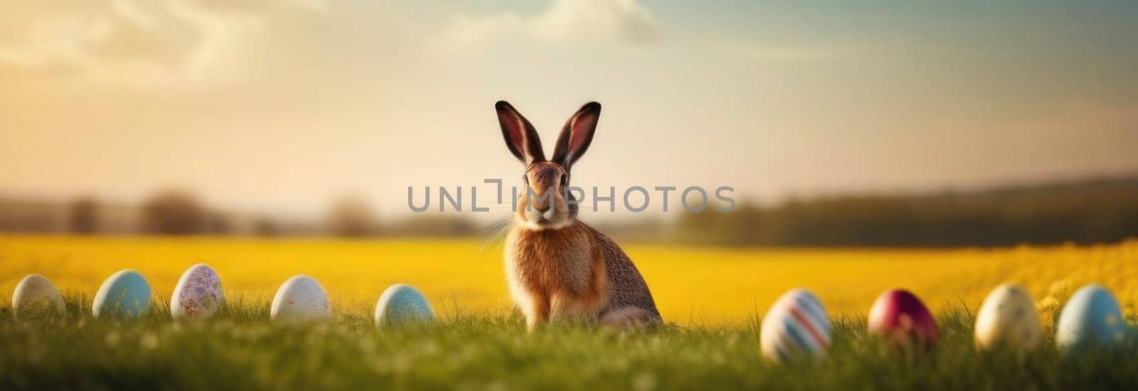 Holiday celebration banner with cute Easter bunny with decorated eggs and spring flowers on green spring meadow. Rabbit in landscape. Happy Easter greeting card, banner, festive background. Copy space
