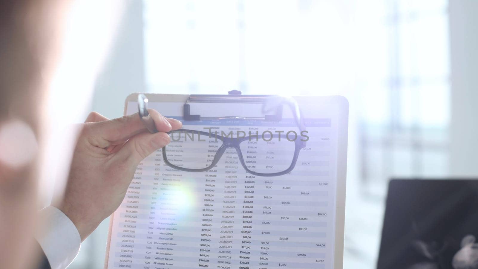 A document verification, black glasses, successful business.