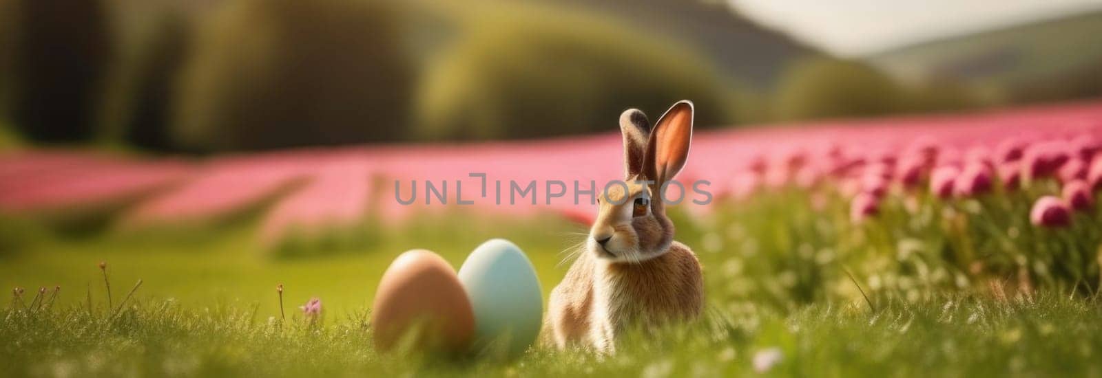 Holiday celebration banner with cute Easter bunny with decorated eggs and spring flowers on green spring meadow. Rabbit in landscape. Happy Easter greeting card, banner, festive background. Copy space