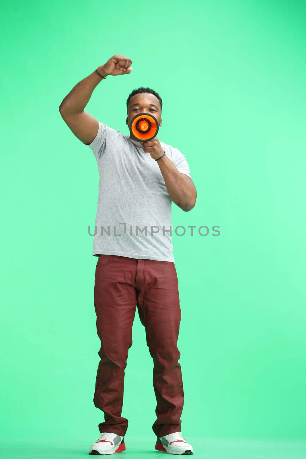 Man, full-length, on a green background, with a megaphone.