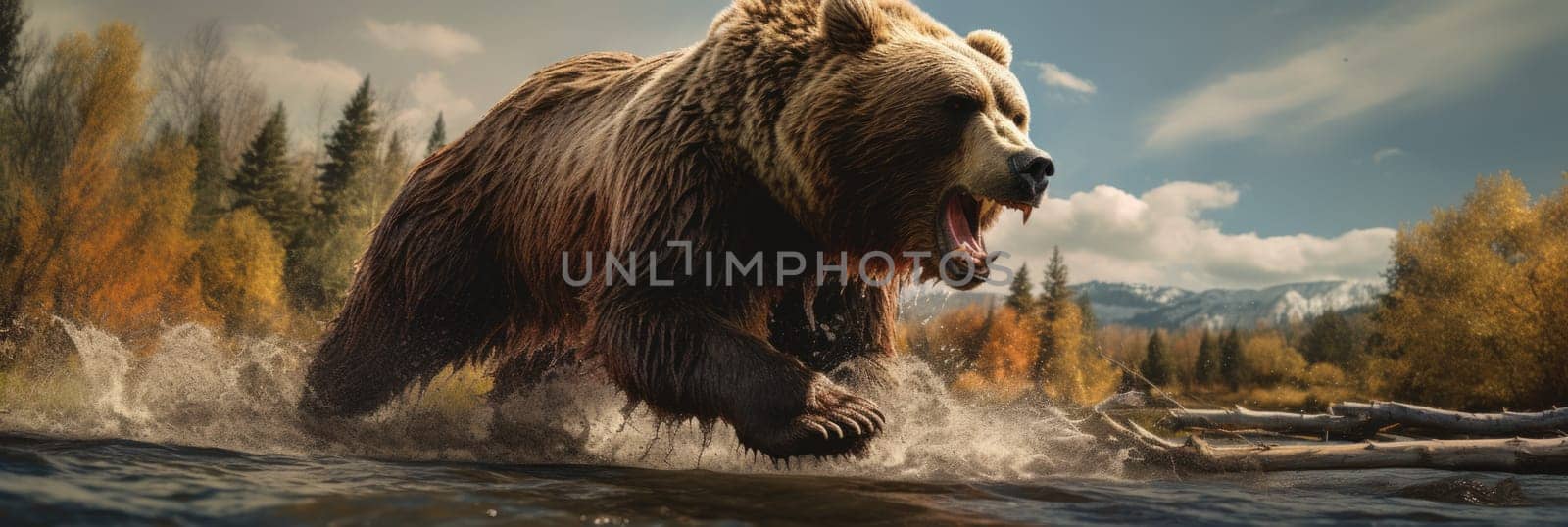 A powerful grizzly bear dashes through the water with incredible speed.