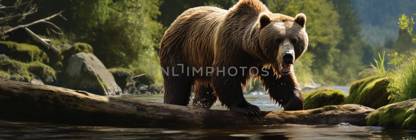 A powerful and majestic large brown bear walking across a river.