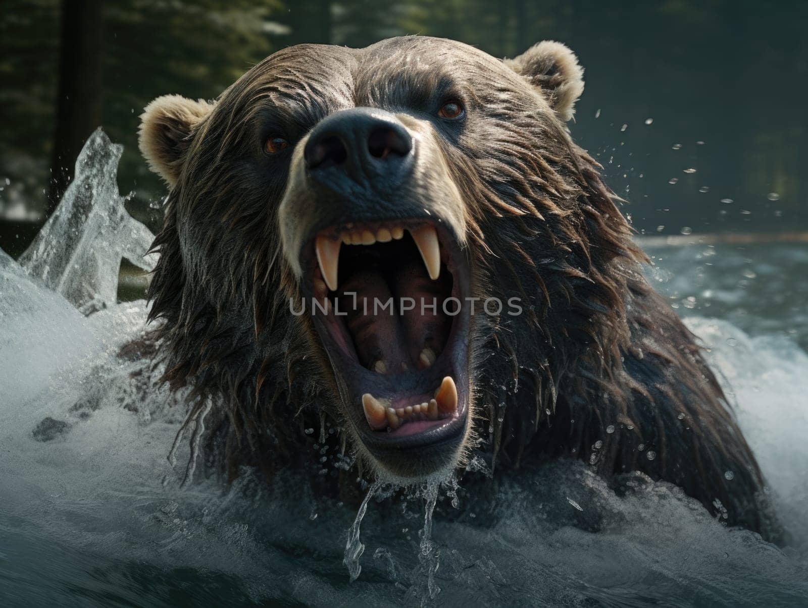 A bear is swimming in the water with its mouth wide open.