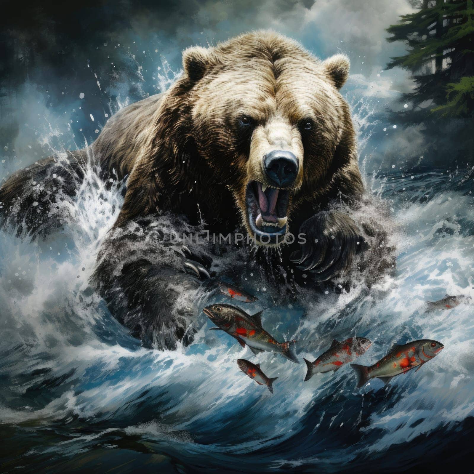 A painting depicts a bear standing in water, with fish swimming around it.
