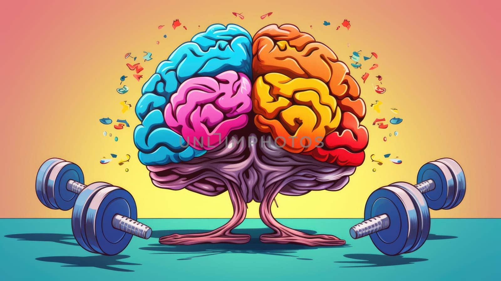 An illustrated drawing of a brain with dumbbells positioned in front of it, representing the concept of brain training and mental fitness.