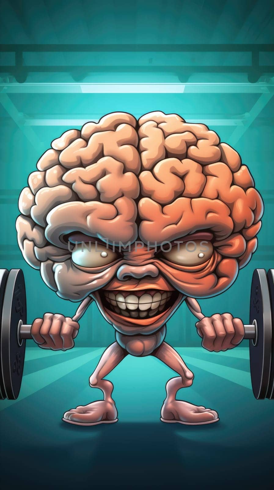 Cartoon Brain Lifting Barbell, Demonstrating Brain Power and Strength. Generative AI. by but_photo