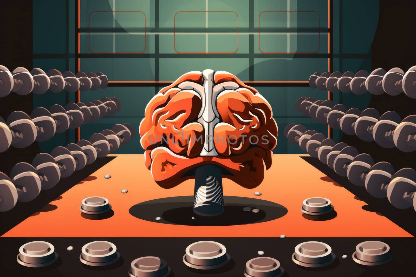 A computer-generated image of a brain located in a room filled with rows of chairs.