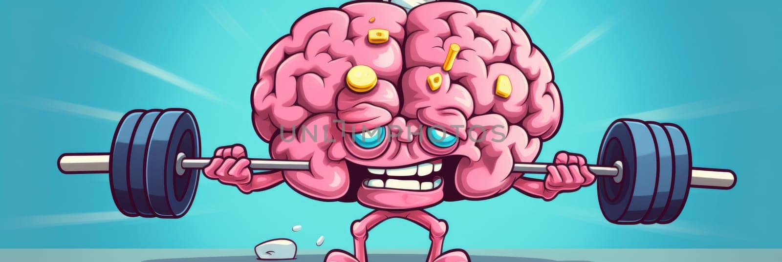 A cartoon brain showcases its strength and determination as it lifts a barbell.