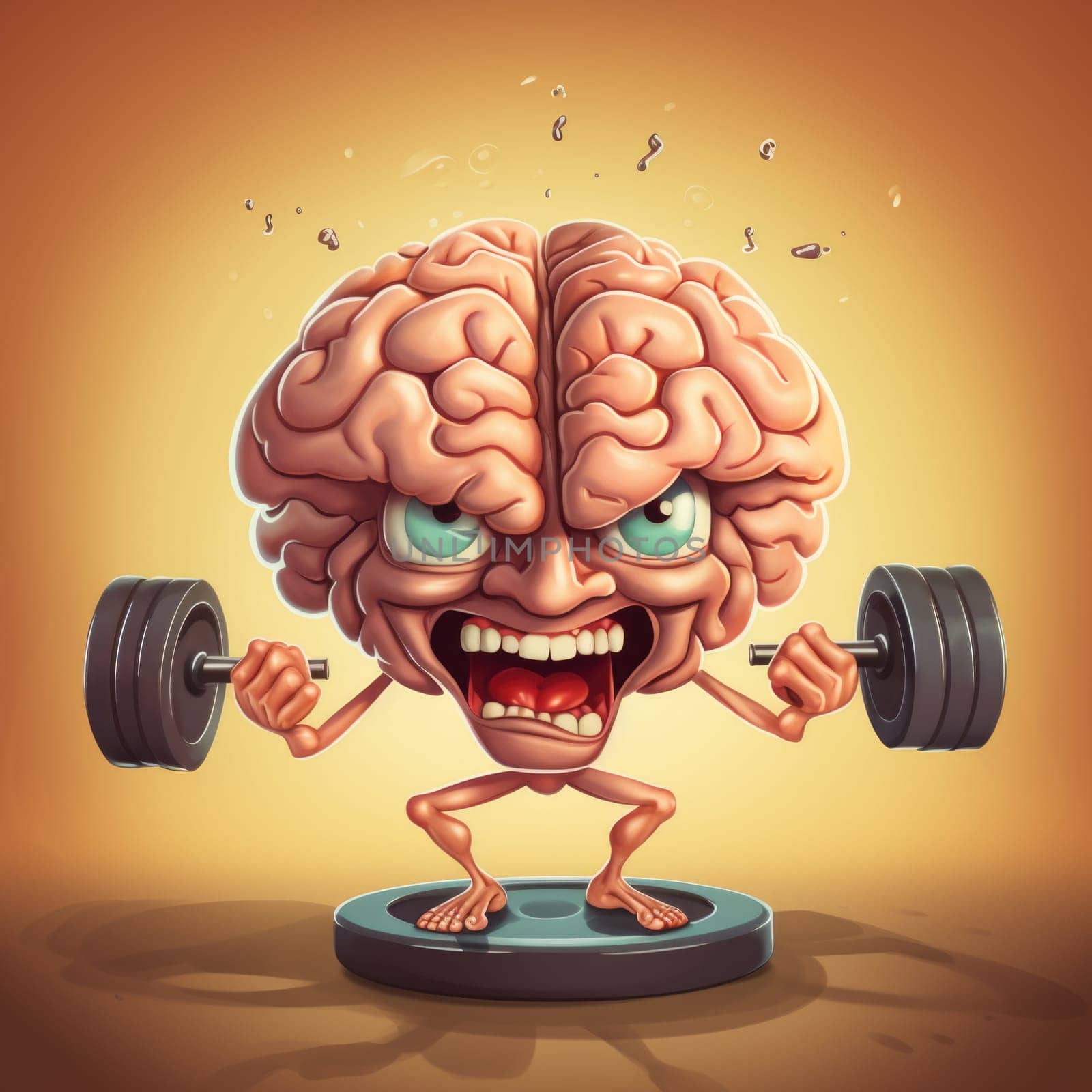 A cartoon image featuring a brain actively lifting a barbell, showcasing its strength and determination.