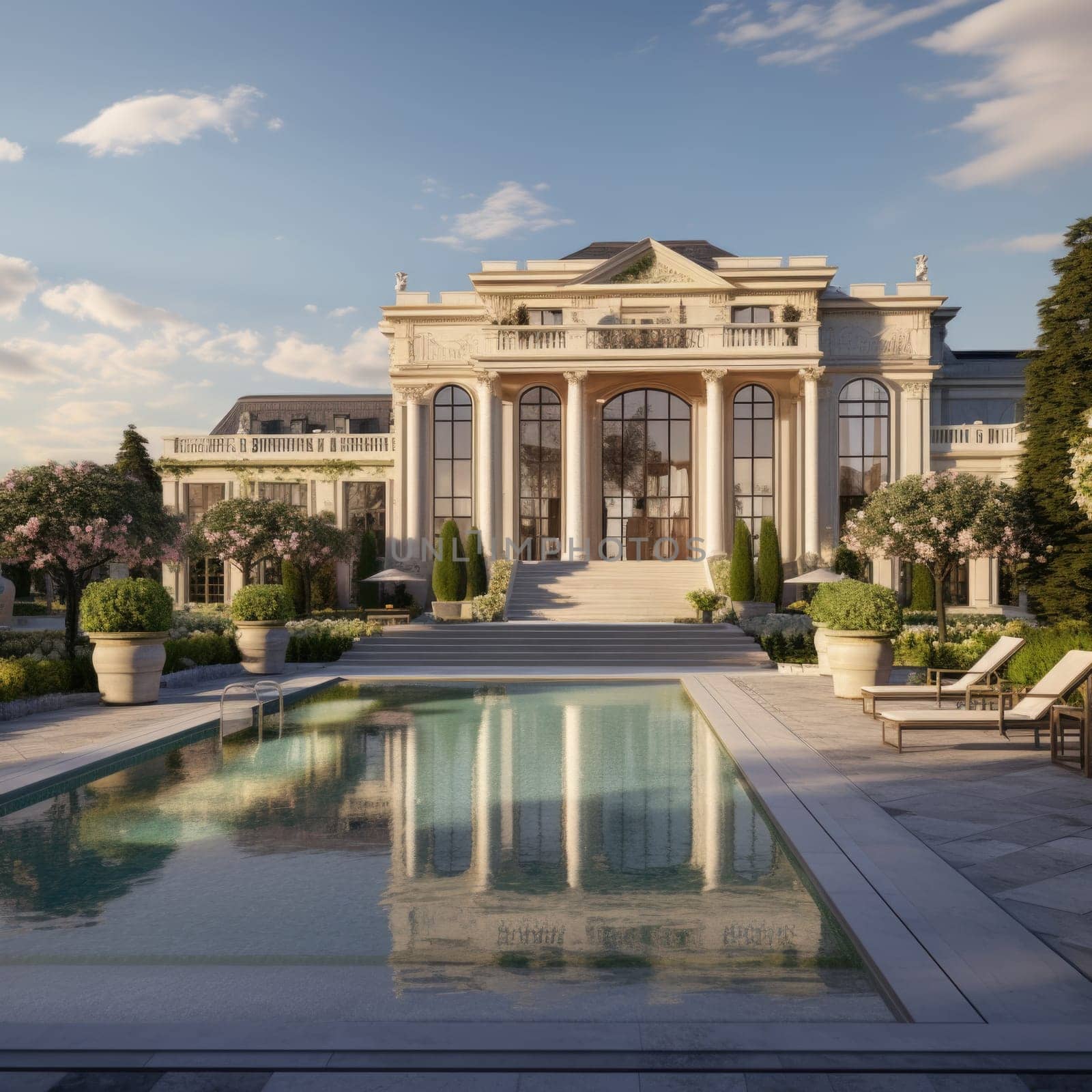 A large mansion stands prominently as a pool in the foreground reflects the grandeur of the property, captured from above by a quadcopter.