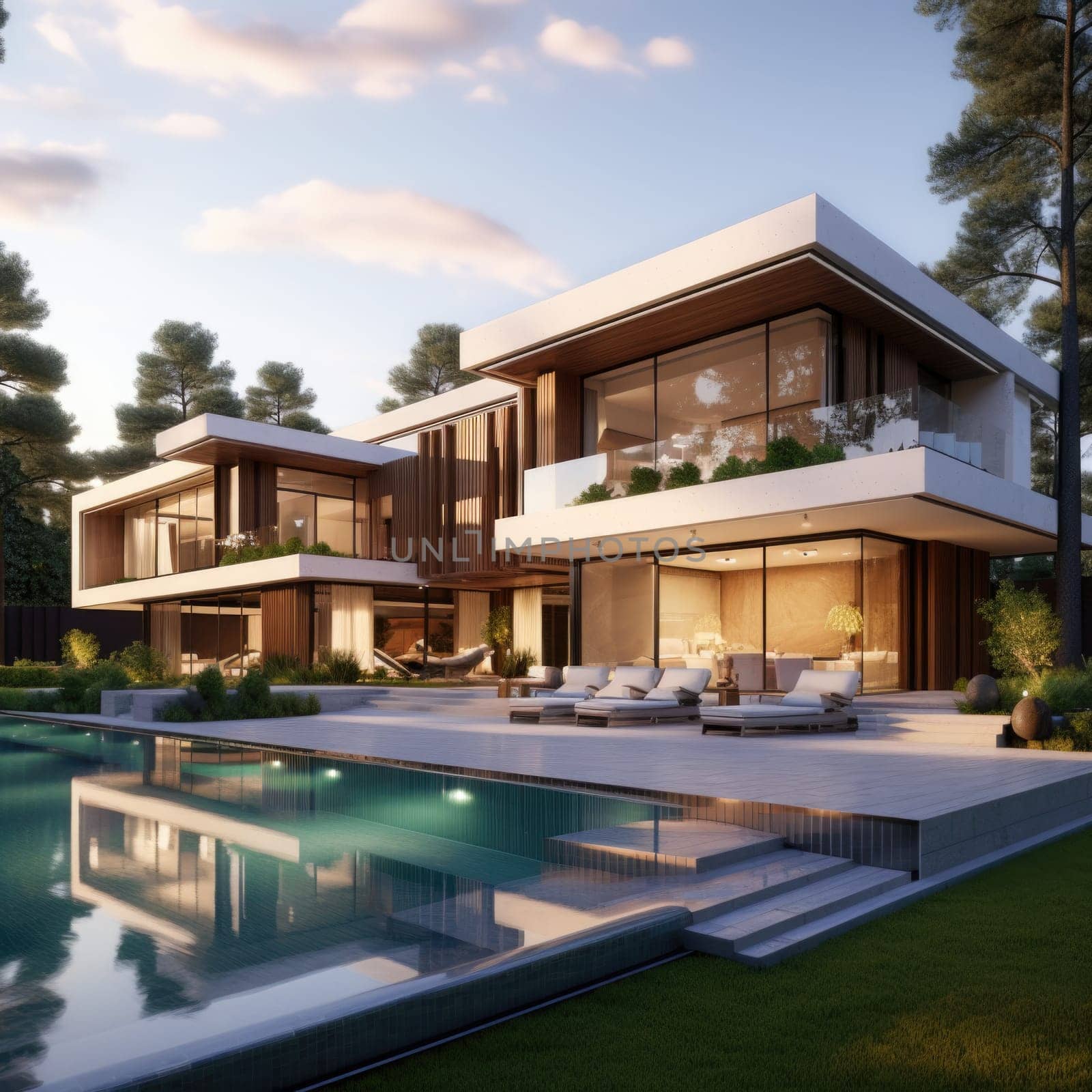 Stunning Mansion With Pool in Front. Generative AI. by but_photo