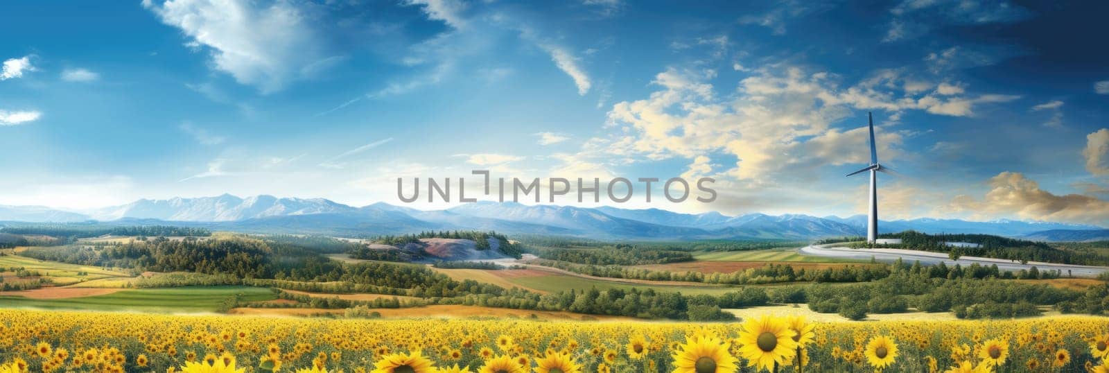 A field filled with sunflowers extends into the distance, with a windmill standing tall against the horizon.