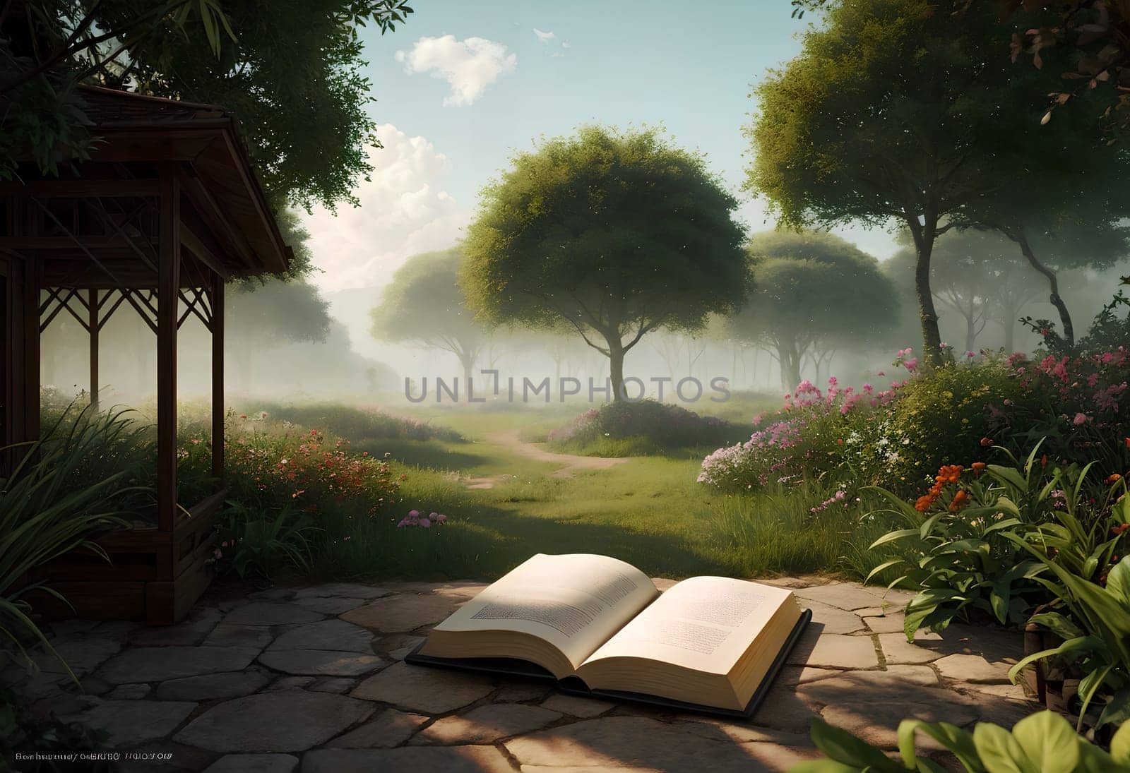 open book on a path in a beautiful park. AI generated image.