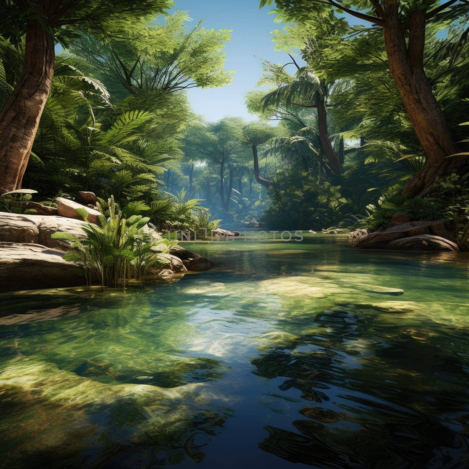 A river flows through the lush green forest, creating a shimmering and captivating scene.