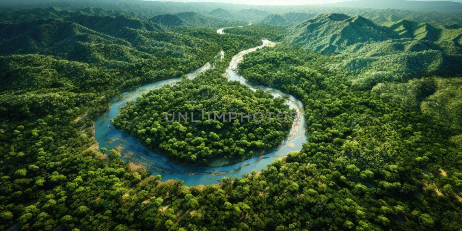 A river meanders through a vibrant green forest, surrounded by towering trees and lush vegetation.