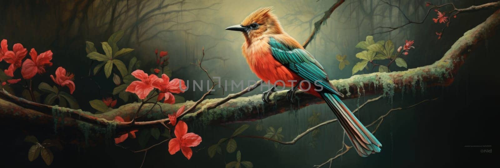 A realistic painting capturing the image of a bird sitting on a tree branch.