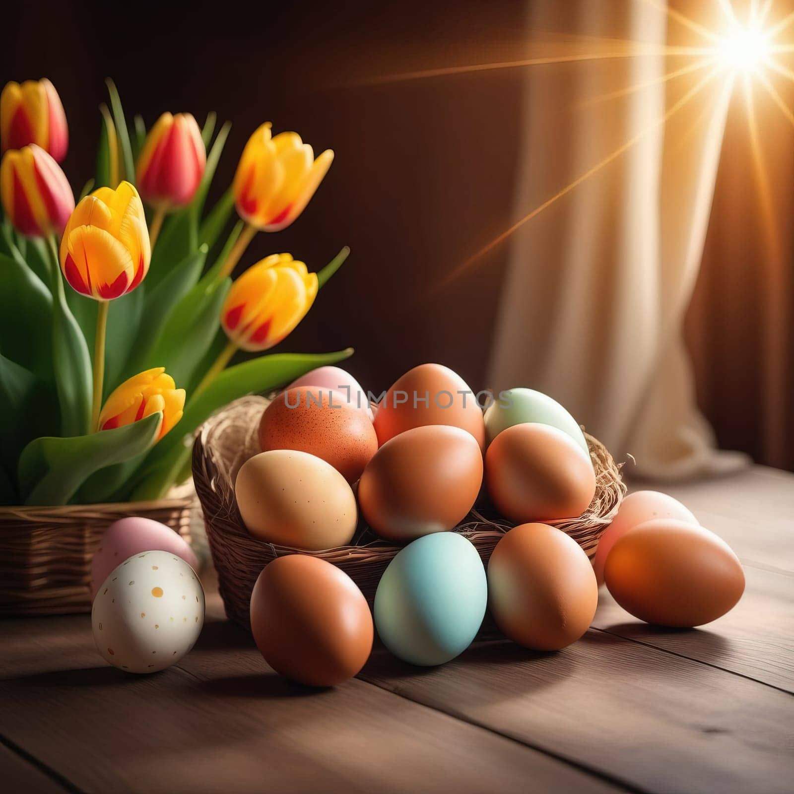 Table with vase of tulips, colorful Easter eggs. Basket of eggs and vase of tulips on kitchen table near window. Happy Easter greeting card, banner, festive background. Blurred background. Copy space